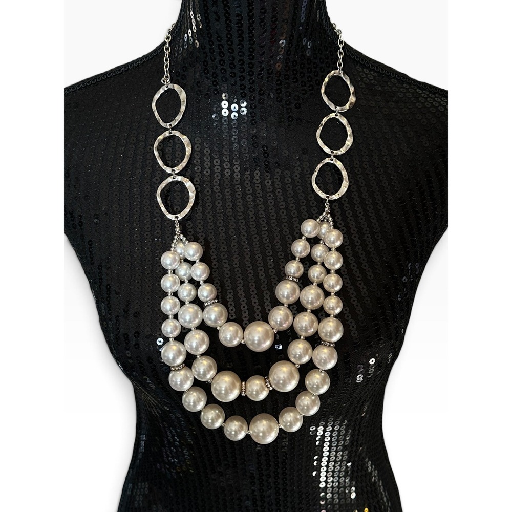 Erica Lyons 30" Necklace Silver Tone White Faux Pearl Long Statement Layered